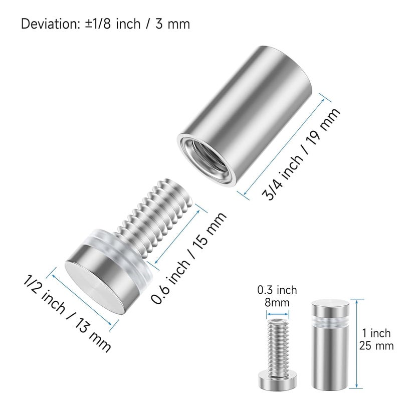 LuckIn 8 Pack Standoff Screws for Acrylic (1/2 in. Dia x 3/4 in. L), Stainless Steel Stand Off Wall Mounts Hardware for Sign Holder, Silver - Image 2